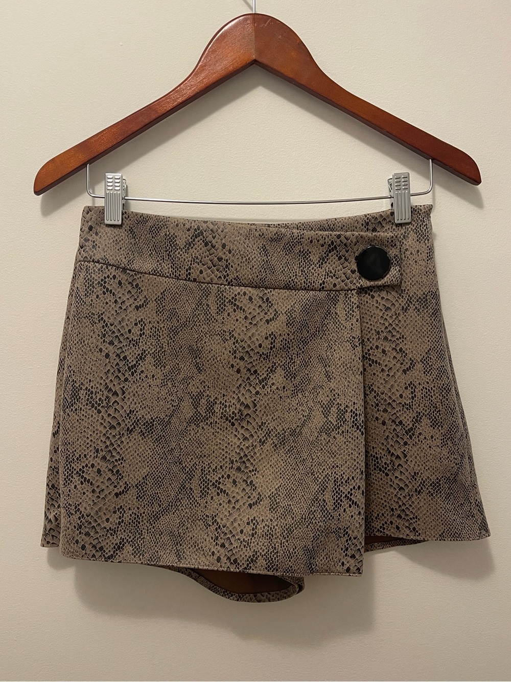 Zara Taupe Snake-Print Wrap Skort with Black Button Accent